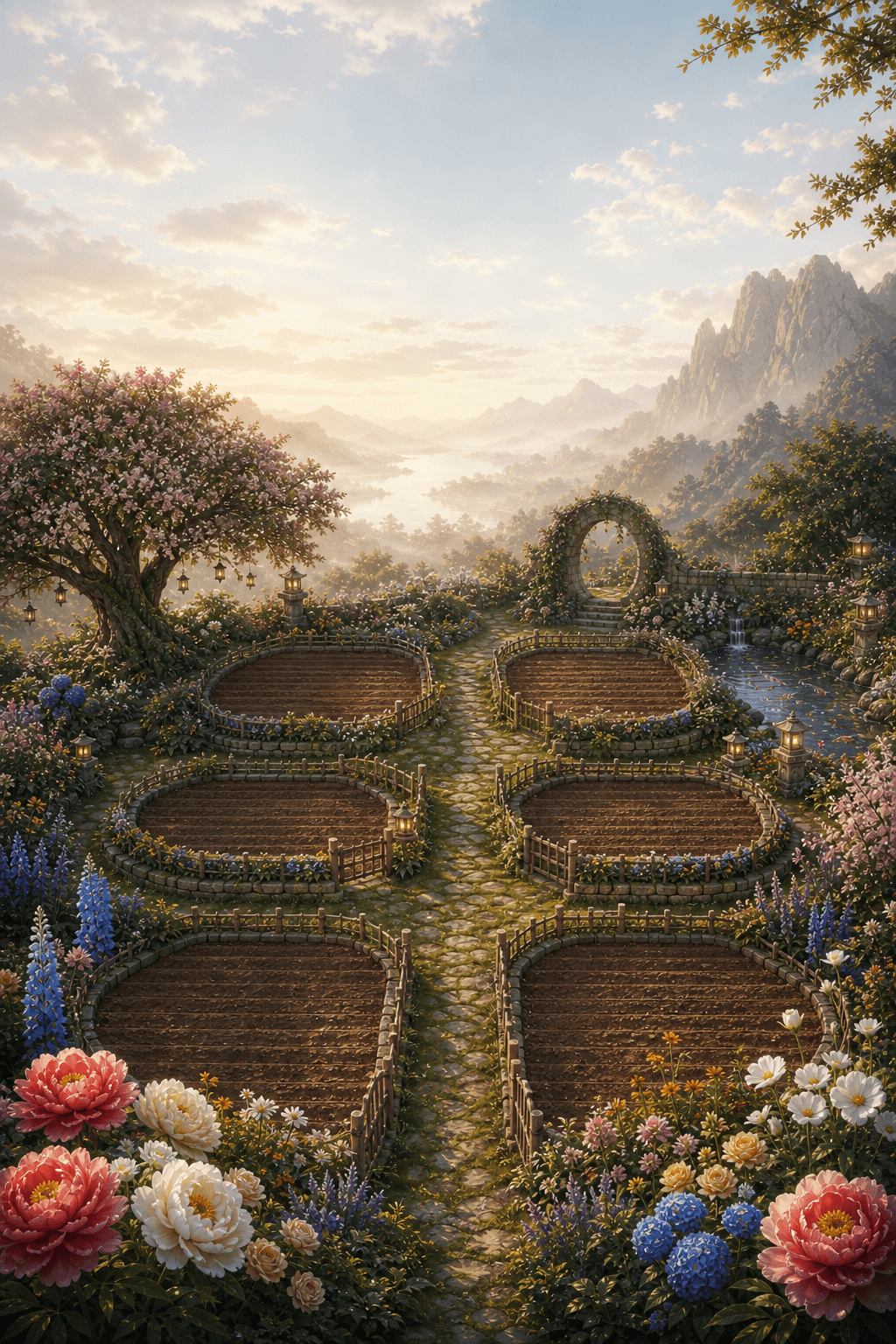 A cultivated mountain garden with flowering beds and pathways